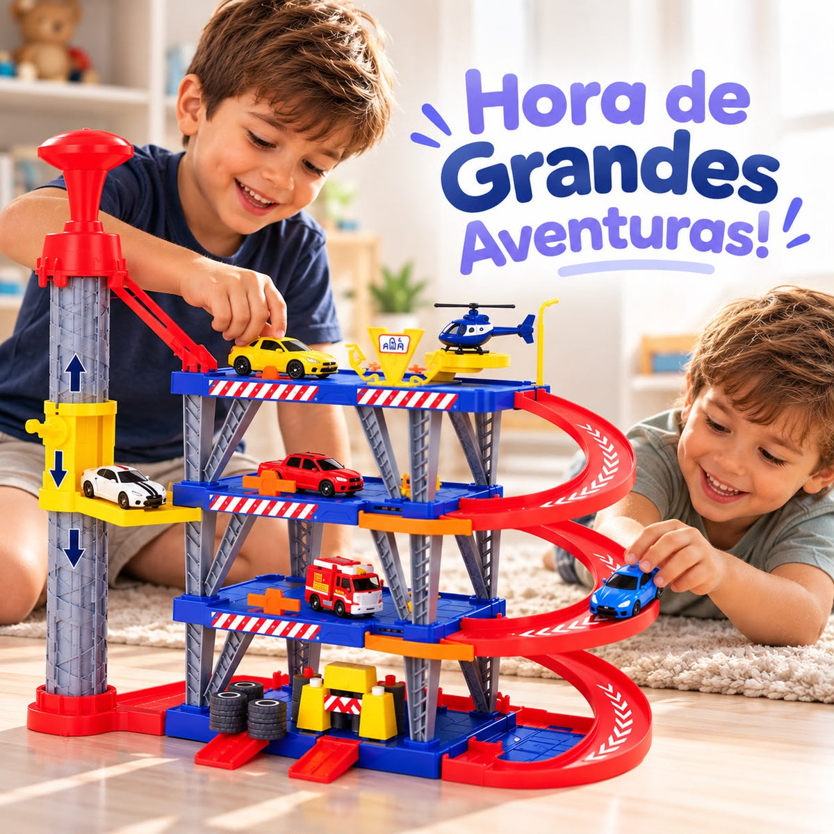Garagem de Carrinhos 4 Andares com Elevador, Helicóptero e Lava Rápido