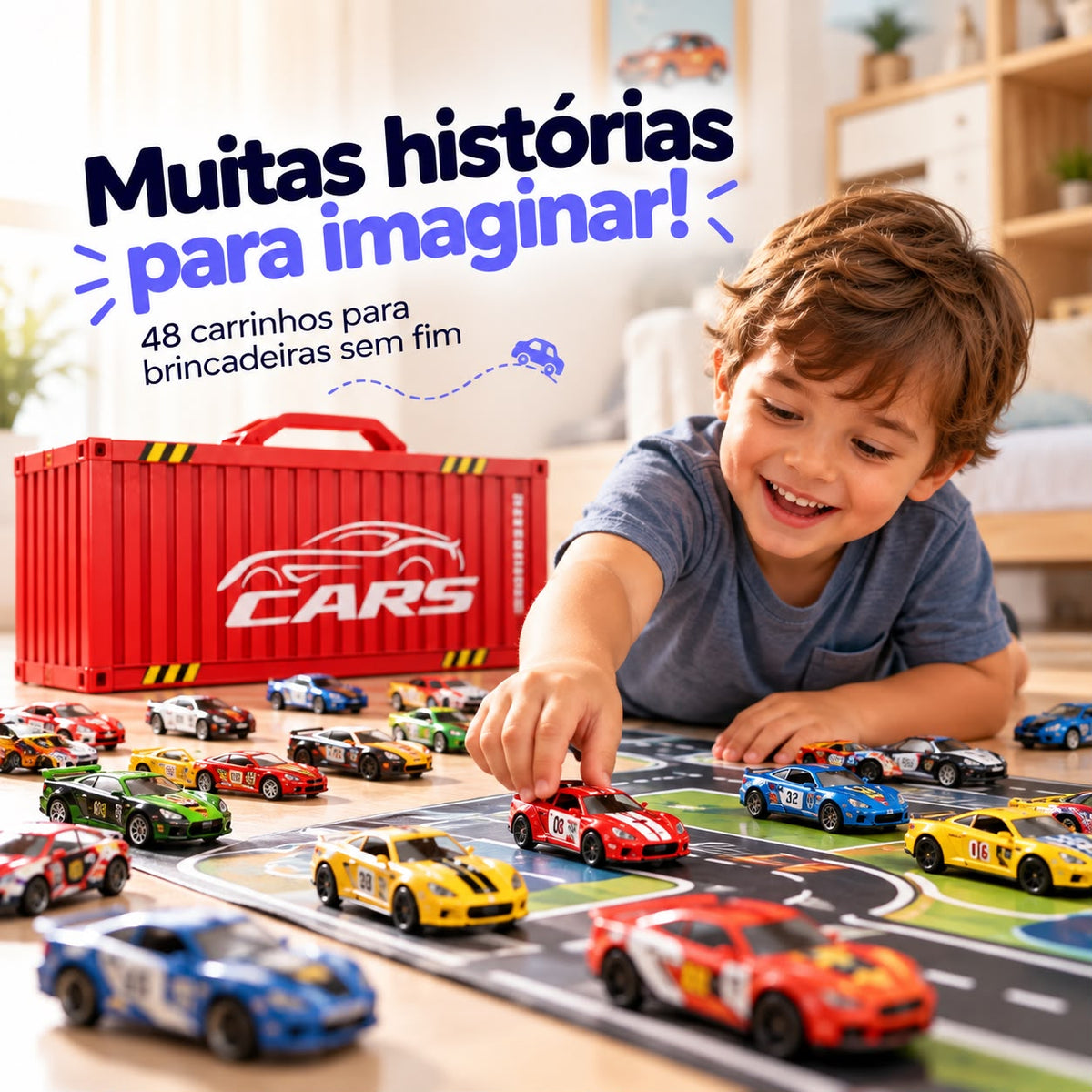 Kit 48 Carrinhos de Metal de Fricção com Maleta Container e Pista