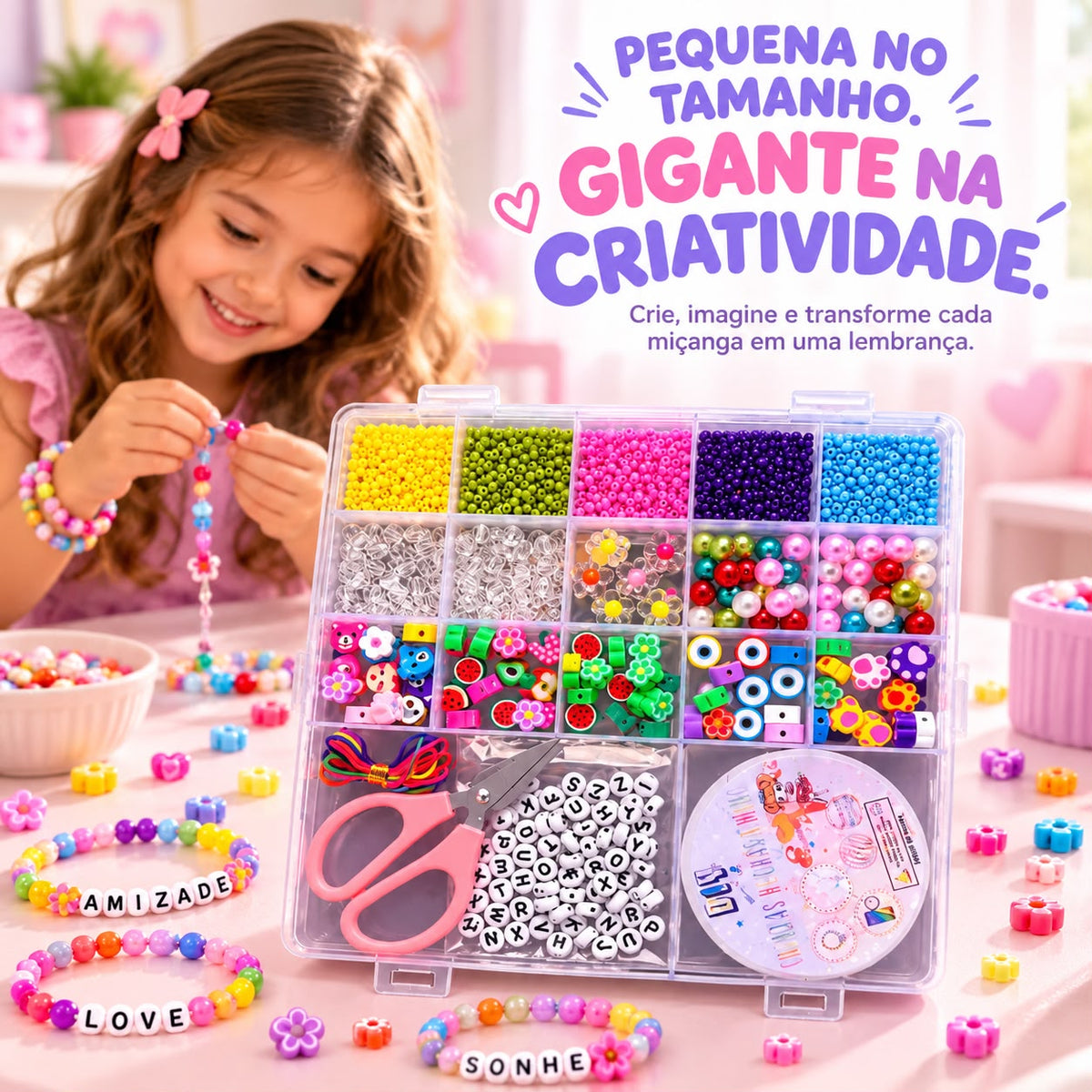 Kit Miçangas Infantil para Fazer Pulseiras – 1.250 Peças com Letrinhas