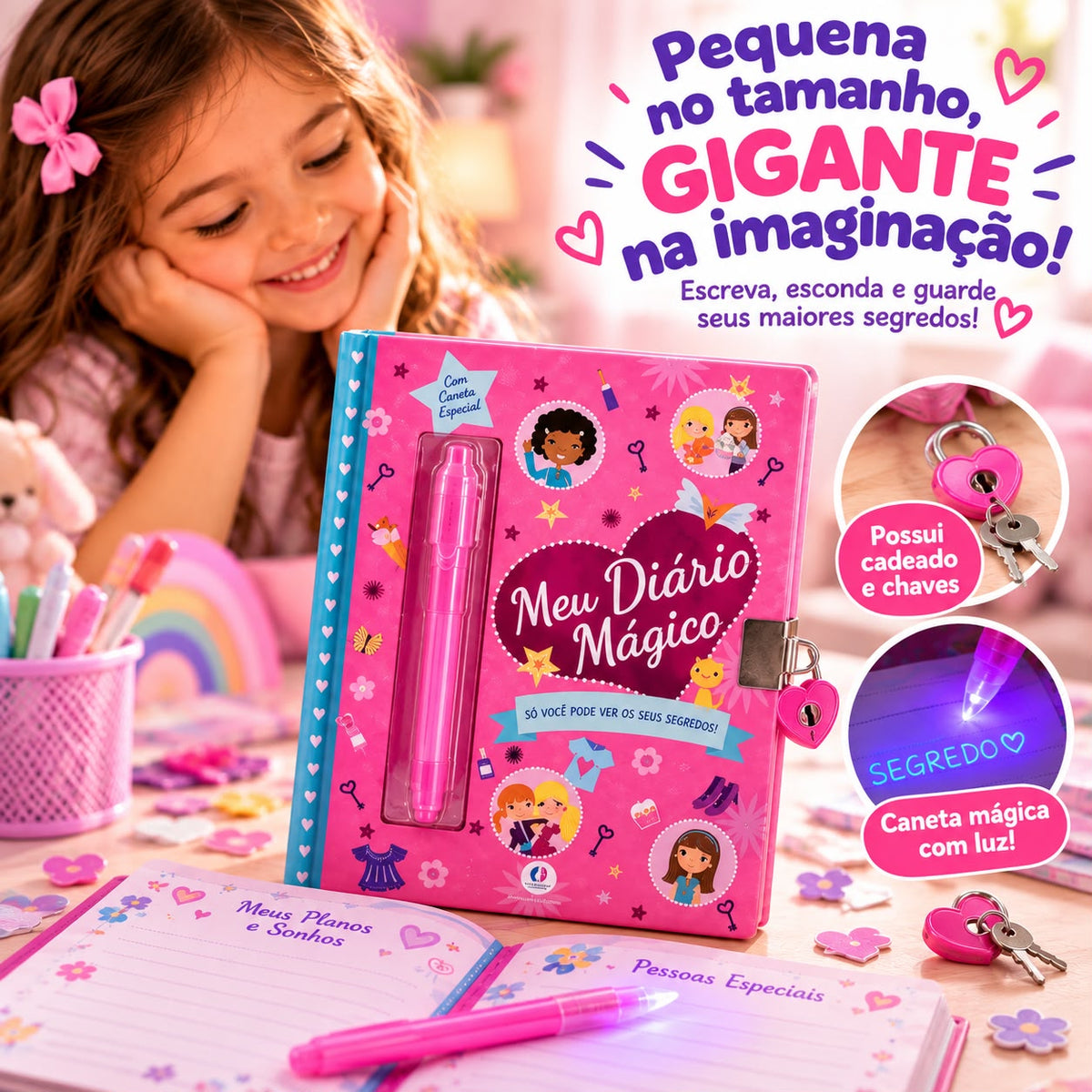 Diário Secreto Infantil com Cadeado e Caneta de Tinta Invisível