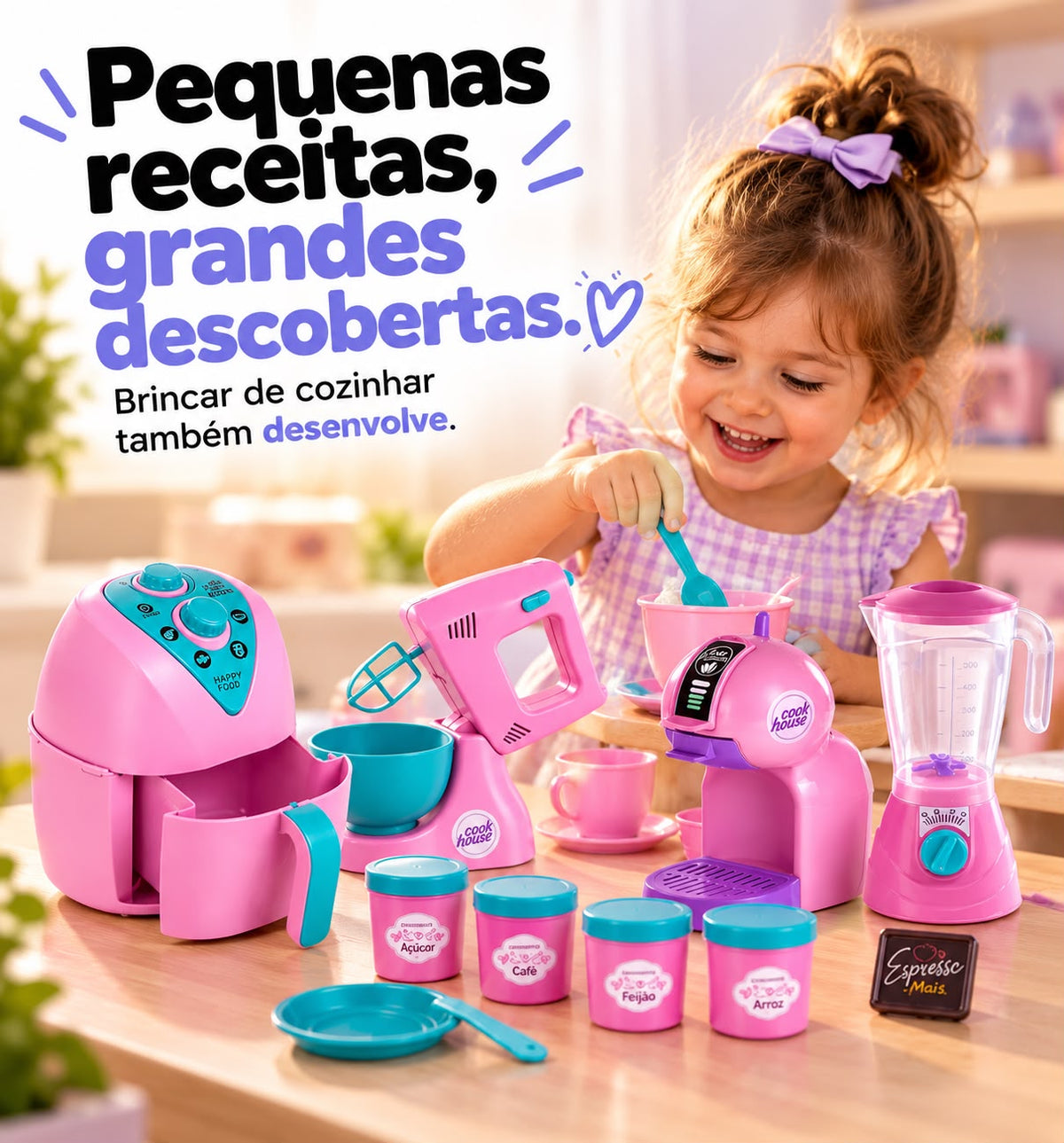 Kit Cozinha Infantil Faz de Conta com Air Fryer e Cafeteira – 8 Peças