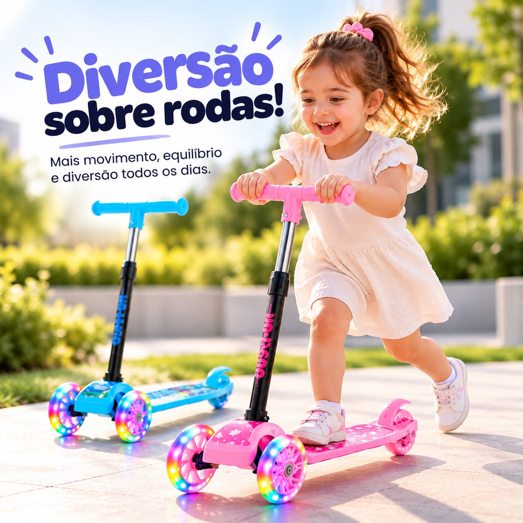 Patinete Infantil 3 Rodas com Luz de LED Dobrável – Rosa ou Azul