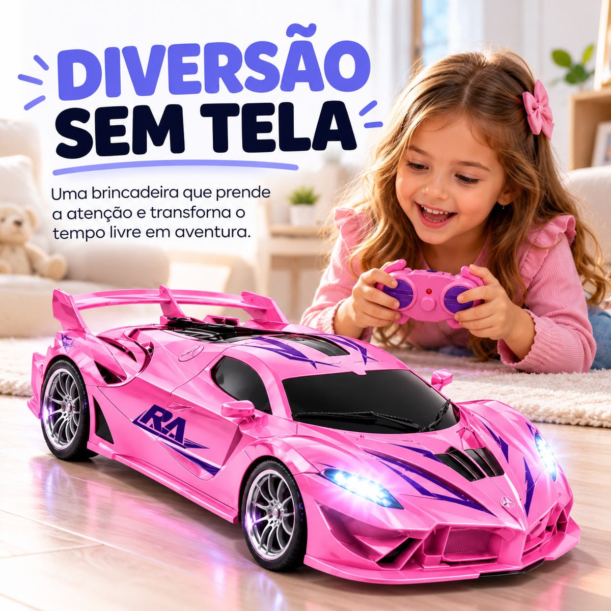 Carrinho de Controle Remoto Rosa Recarregável com Faróis de LED