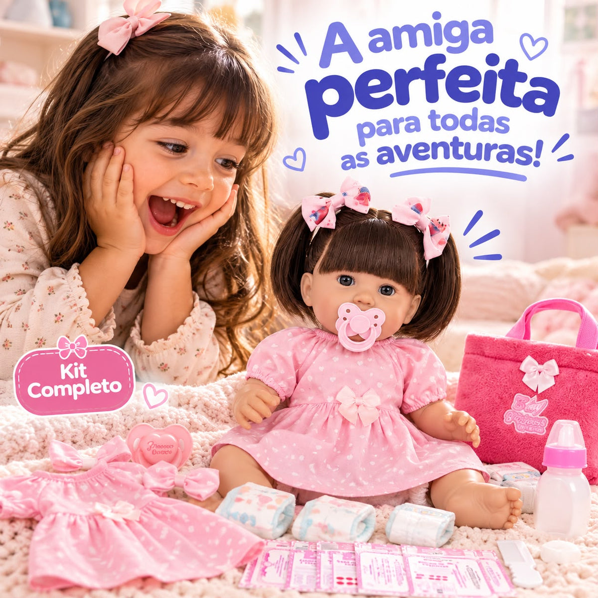 Bebê Reborn Menina Realista 44 cm com Enxoval e Certidão