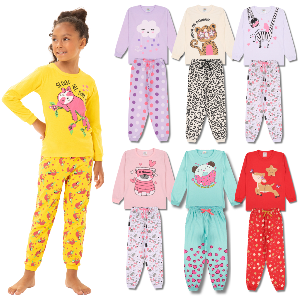 Kit com 2 Pijamas Longos Infantis Femininos 100% Algodão