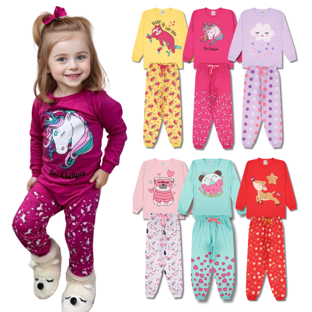 Kit com 2 Pijamas Longos Infantis Femininos 100% Algodão