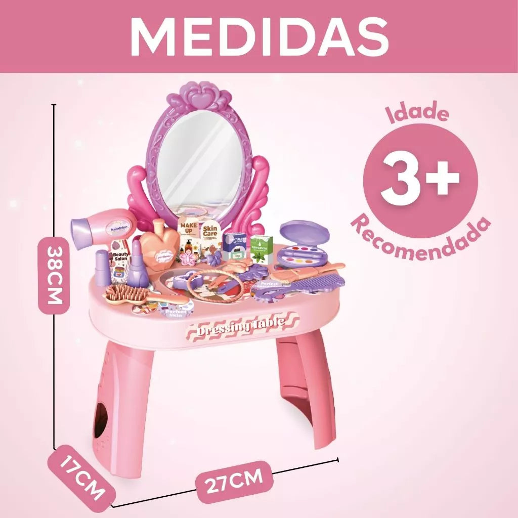 Penteadeira Infantil com Espelho e 30 Acessórios – Rosa ou Azul