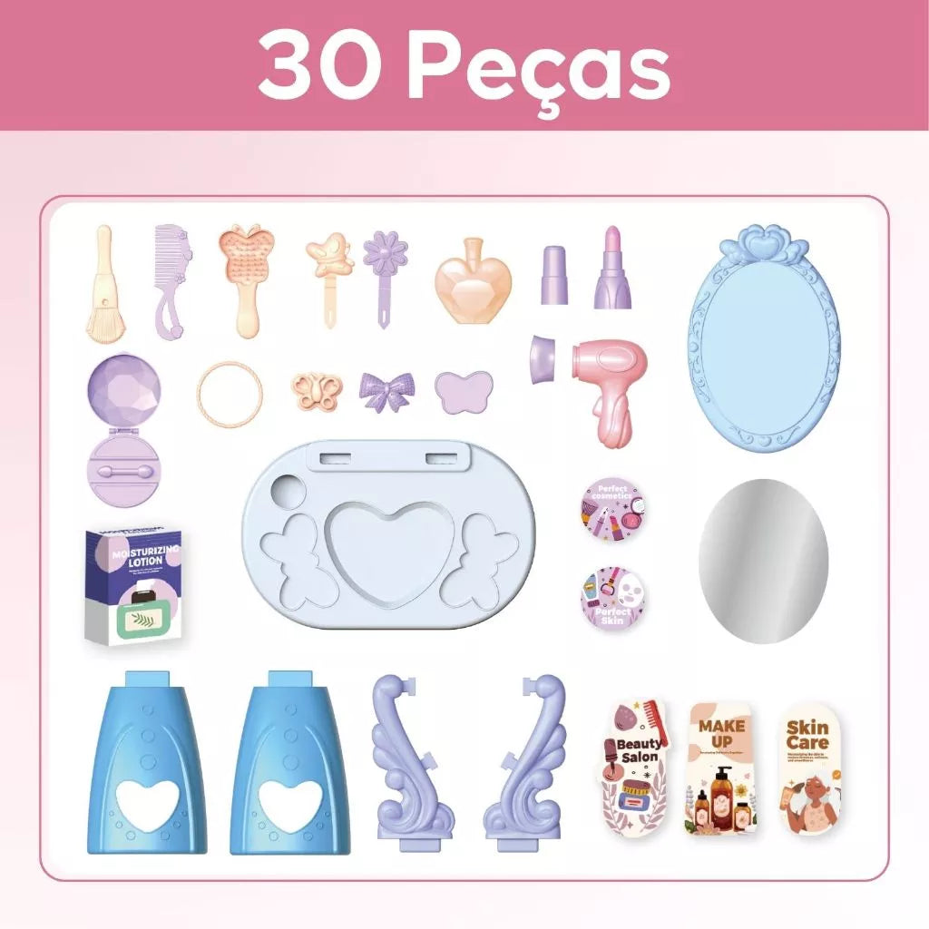 Penteadeira Infantil com Espelho e 30 Acessórios – Rosa ou Azul