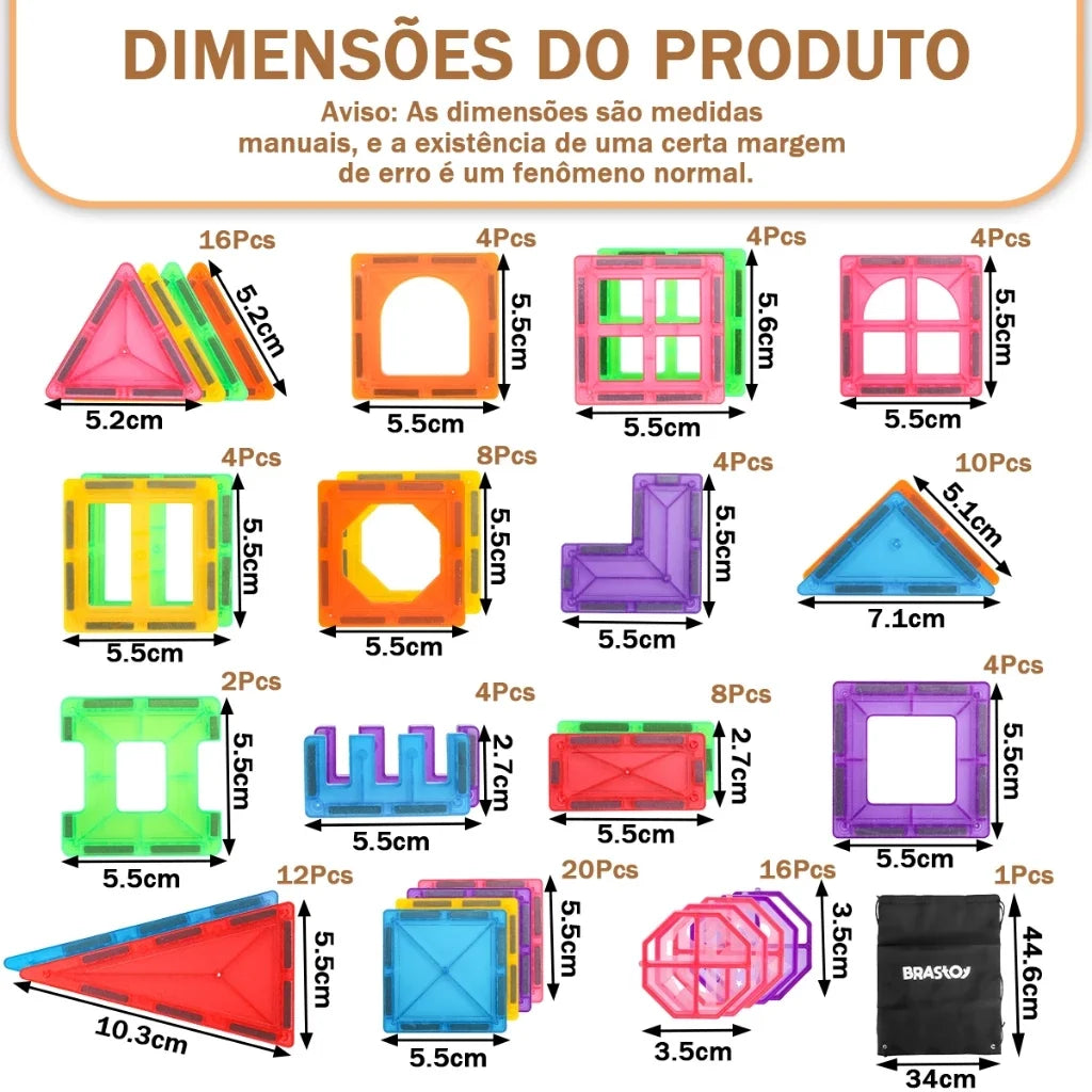 Blocos Magnéticos de Montar Infantil – Kit 38 ou 120 Peças