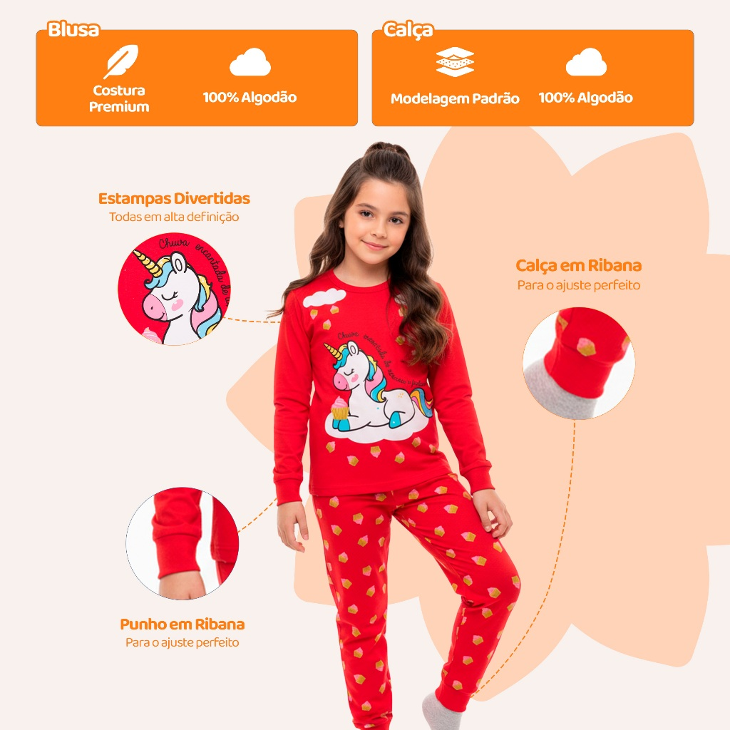 Kit com 2 Pijamas Longos Infantis Femininos 100% Algodão