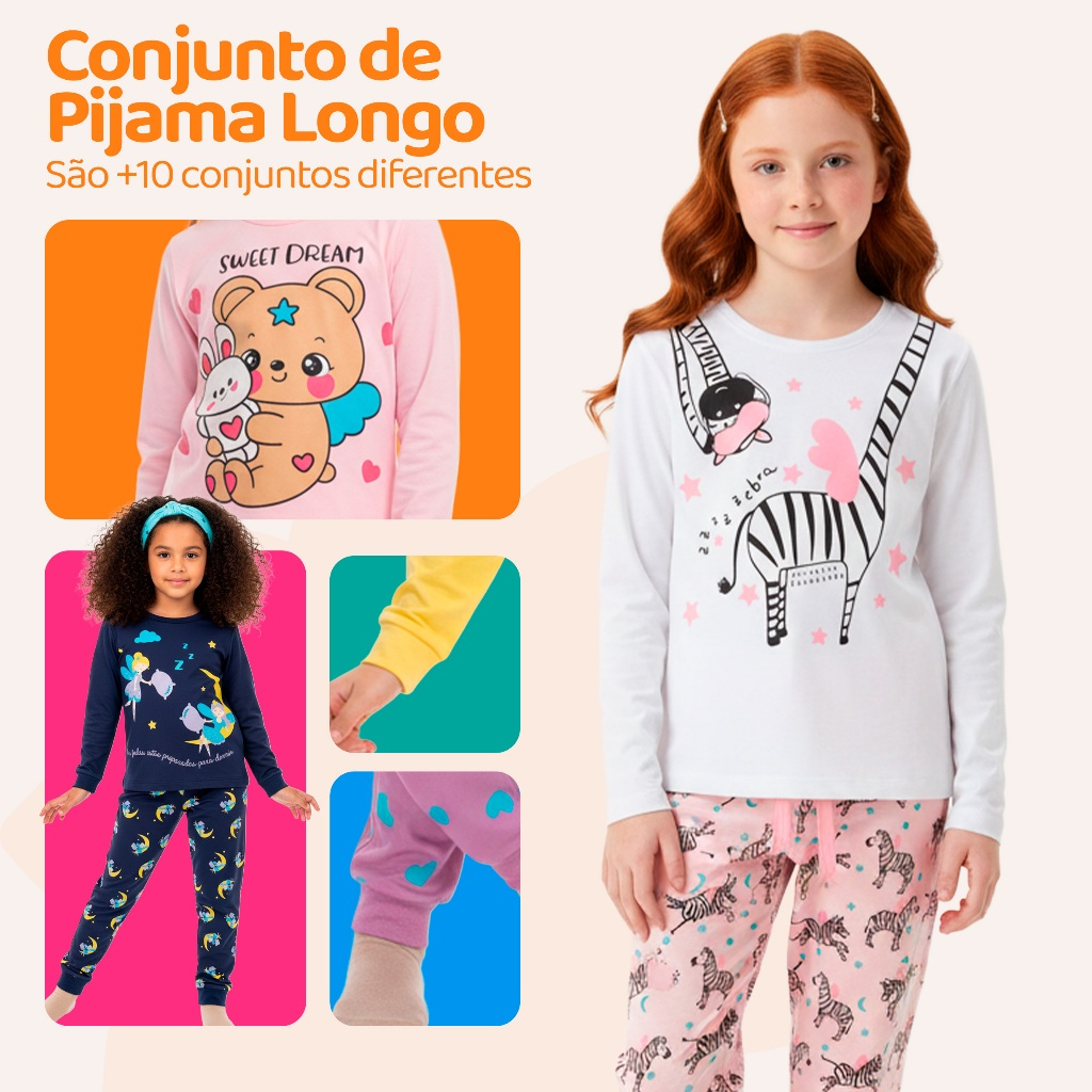 Kit com 2 Pijamas Longos Infantis Femininos 100% Algodão