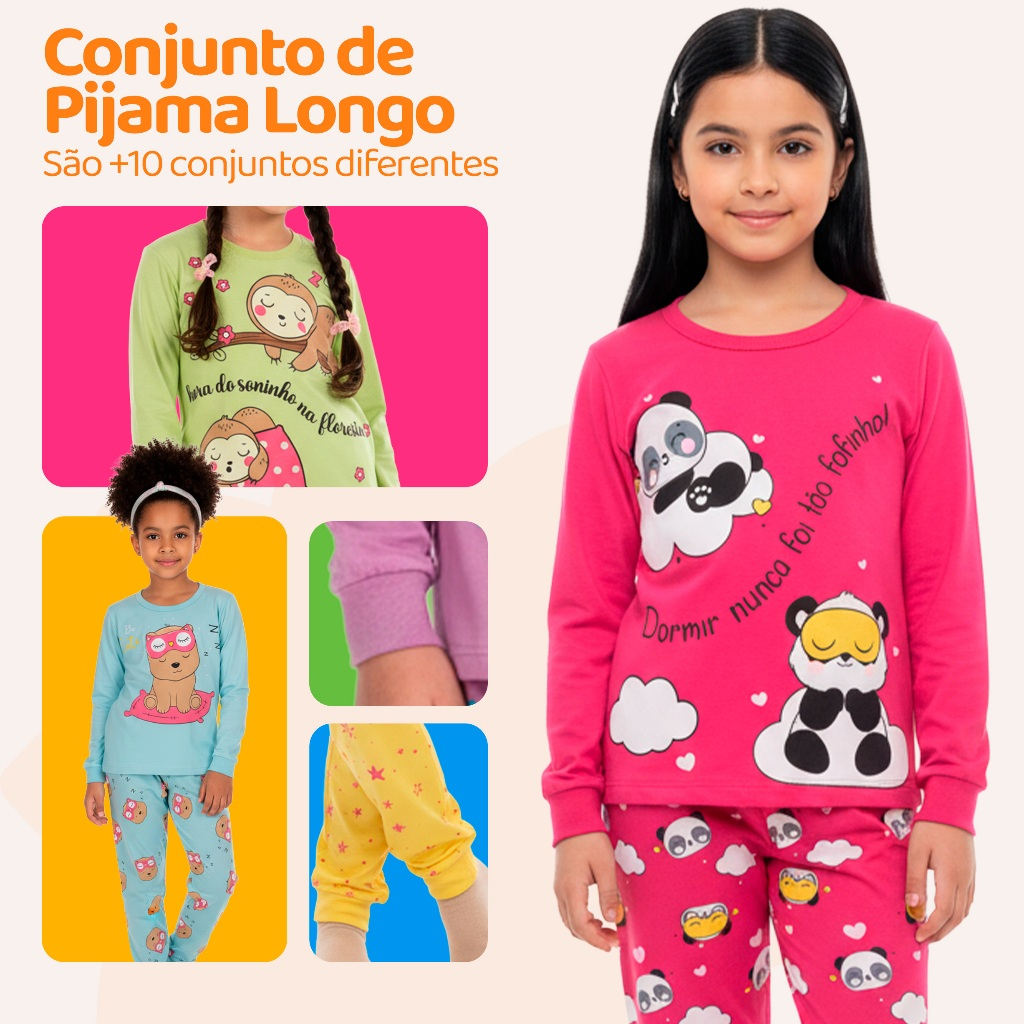 Kit com 2 Pijamas Longos Infantis Femininos 100% Algodão