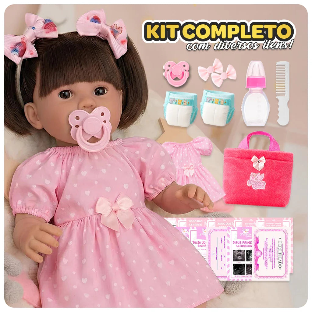 Bebê Reborn Menina Realista 44 cm com Enxoval e Certidão