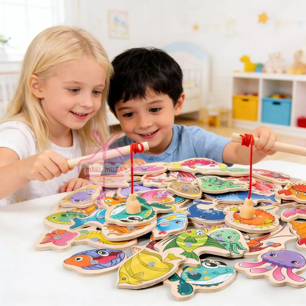 Pescaria Magnética de Madeira Montessori – 54 Peças