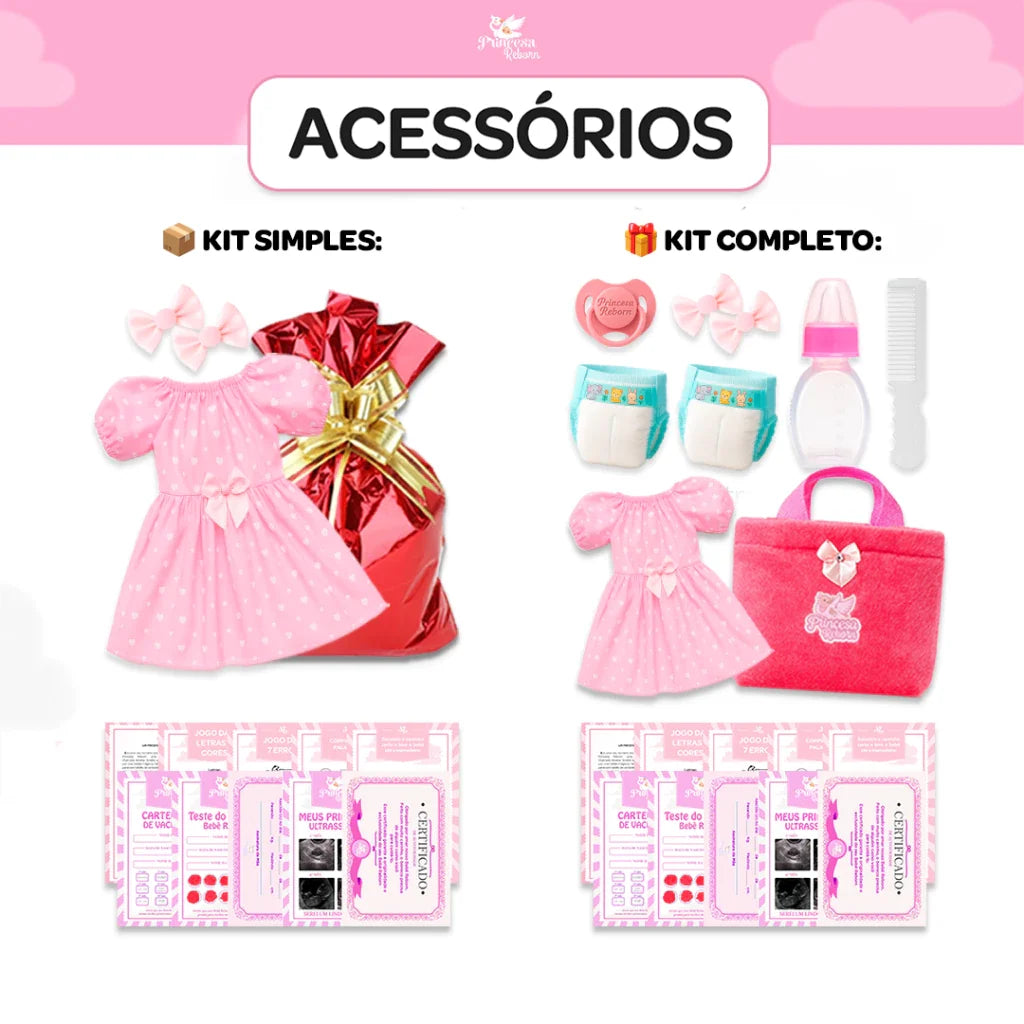 Bebê Reborn Menina Realista 44 cm com Enxoval e Certidão