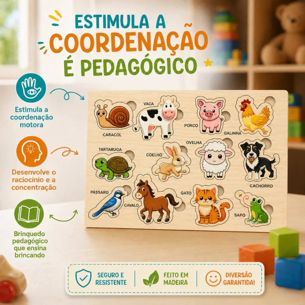 Quebra-Cabeça de Encaixe de Madeira Animais – 12 Peças com Nomes