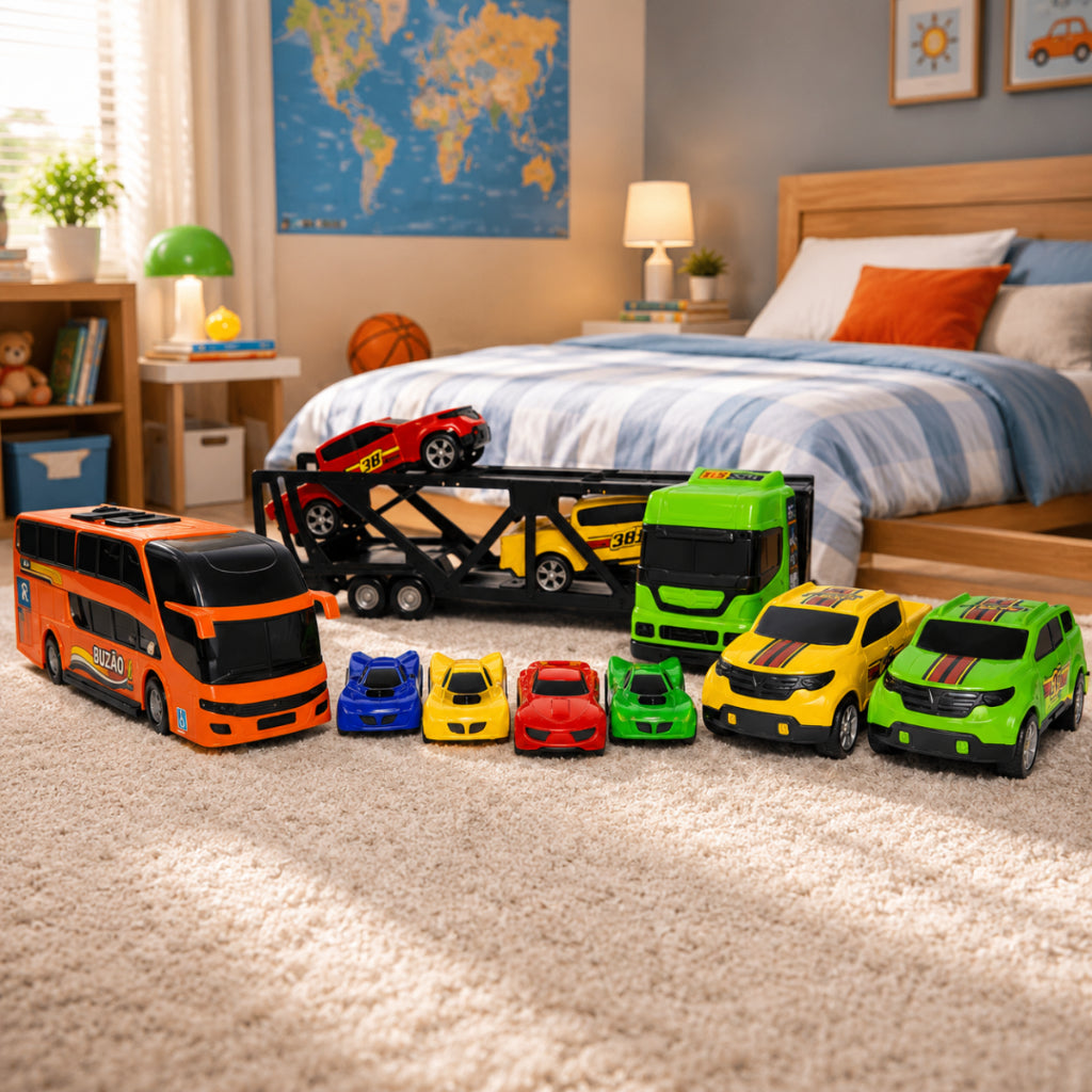 Caminhão Cegonha de Brinquedo com Ônibus e Carrinhos
