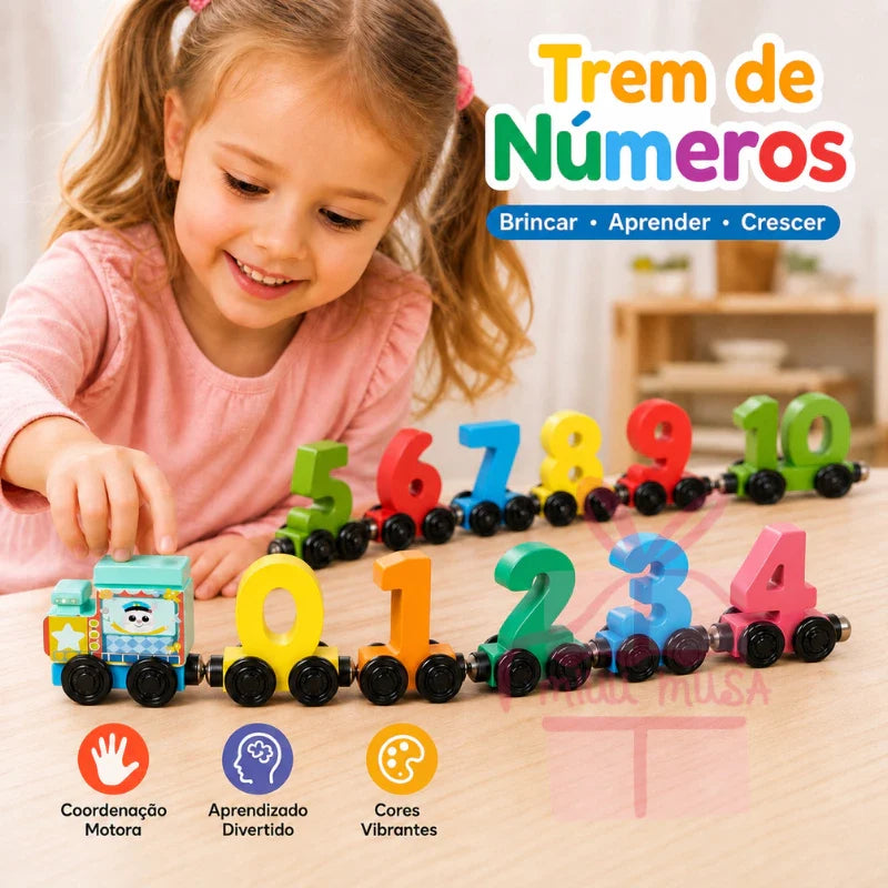 Trem Magnético de Madeira com Números – Brinquedo Montessori