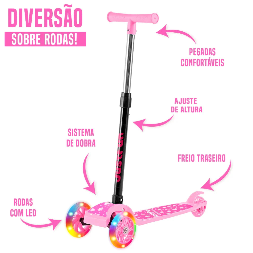 Patinete Infantil 3 Rodas com Luz de LED Dobrável – Rosa ou Azul