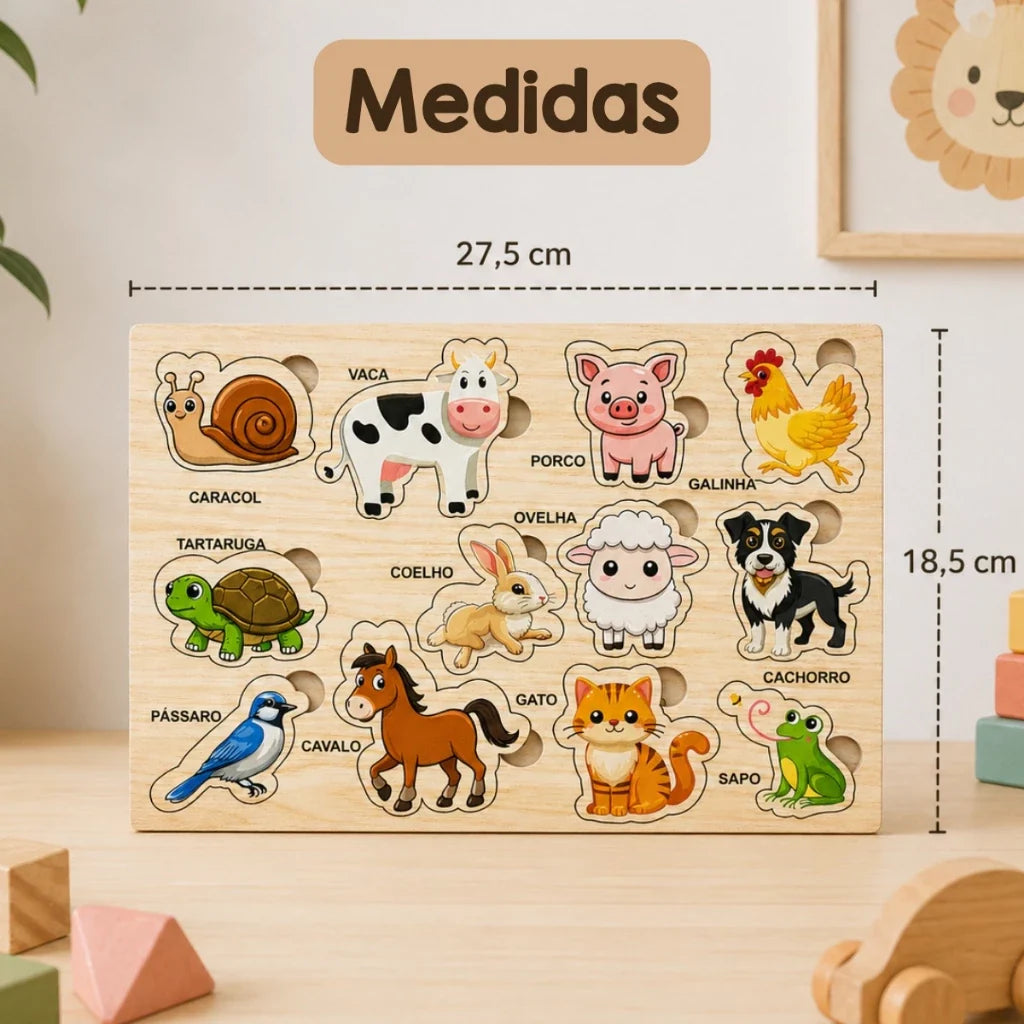 Quebra-Cabeça de Encaixe de Madeira Animais – 12 Peças com Nomes