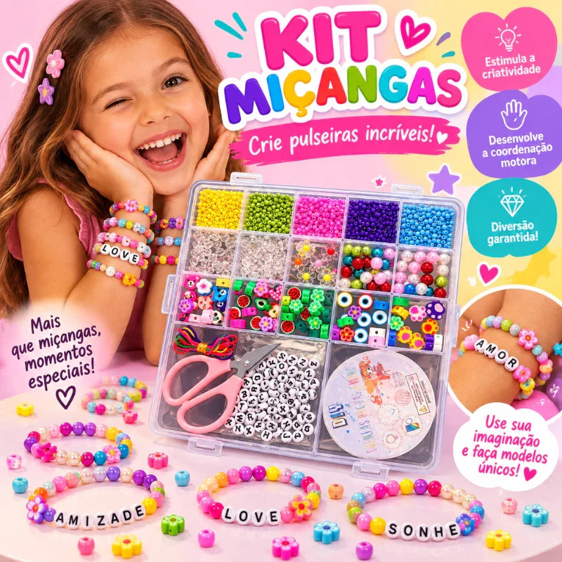 Kit Miçangas Infantil para Fazer Pulseiras – 1.250 Peças com Letrinhas