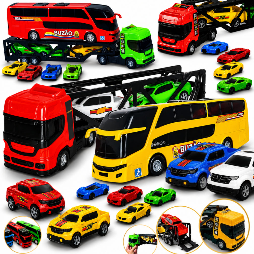 Caminhão Cegonha de Brinquedo com Ônibus e Carrinhos