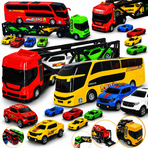 Caminhão Cegonha de Brinquedo com Ônibus e Carrinhos