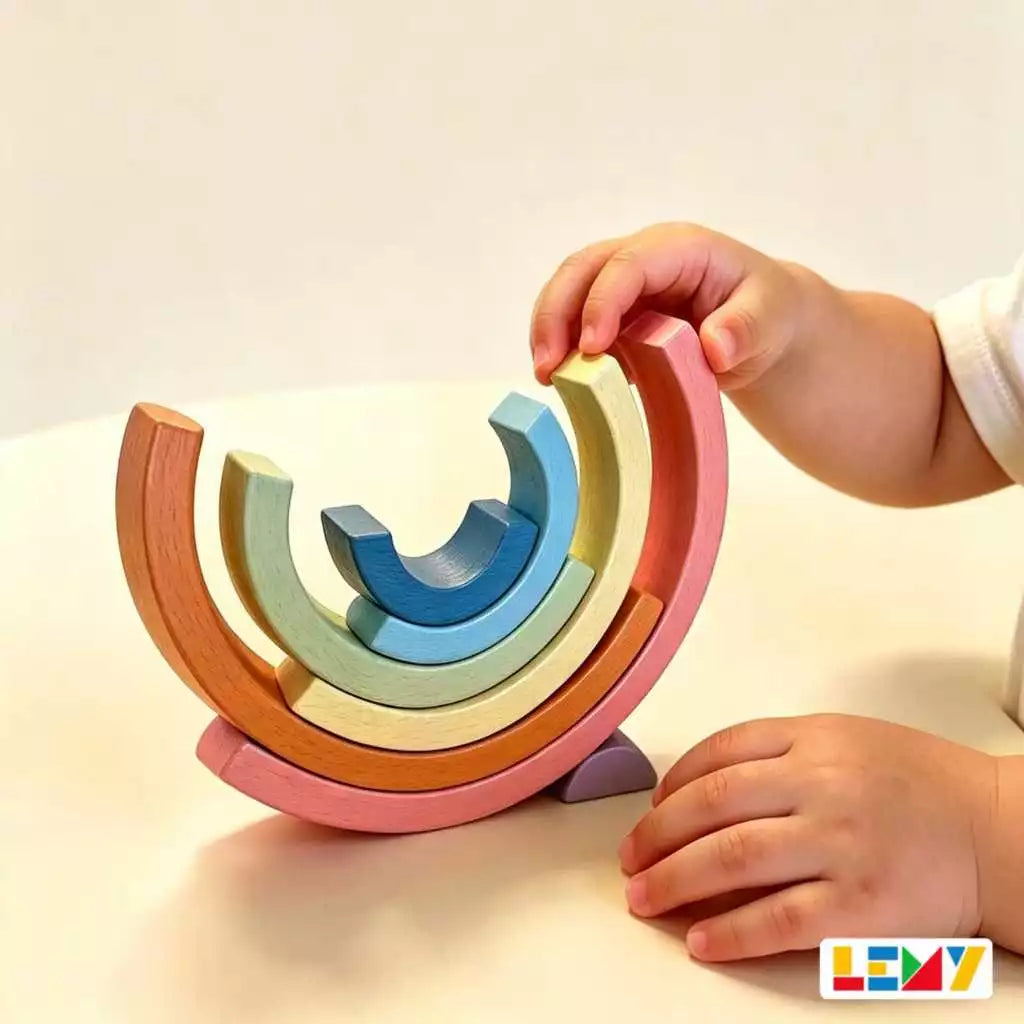 Arco-Íris de Madeira Montessori Empilhável – 7 Peças em Tons Pastel