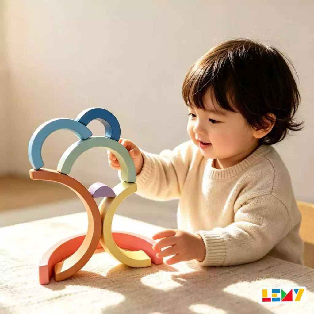 Arco-Íris de Madeira Montessori Empilhável – 7 Peças em Tons Pastel
