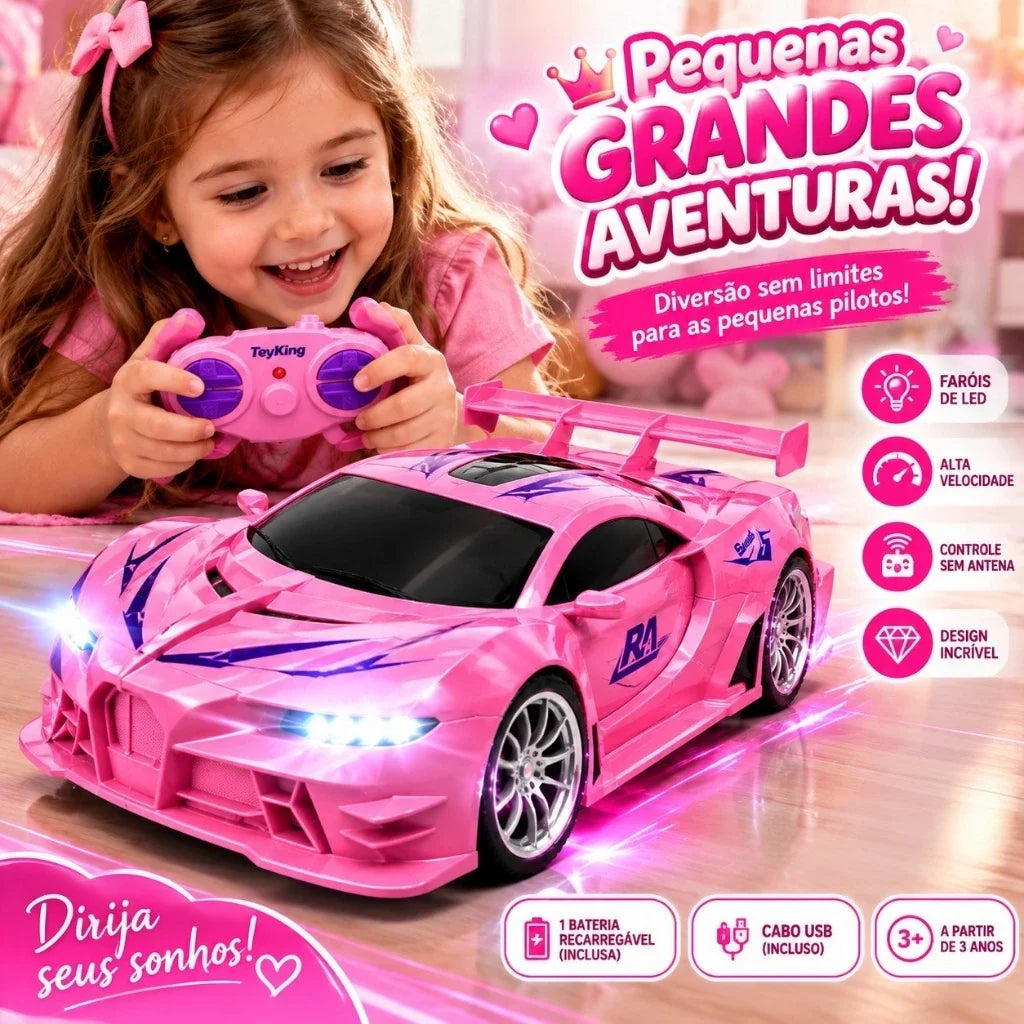 Carrinho de Controle Remoto Rosa Recarregável com Faróis de LED