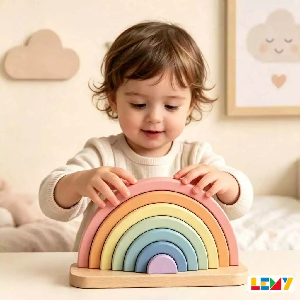 Arco-Íris de Madeira Montessori Empilhável – 7 Peças em Tons Pastel
