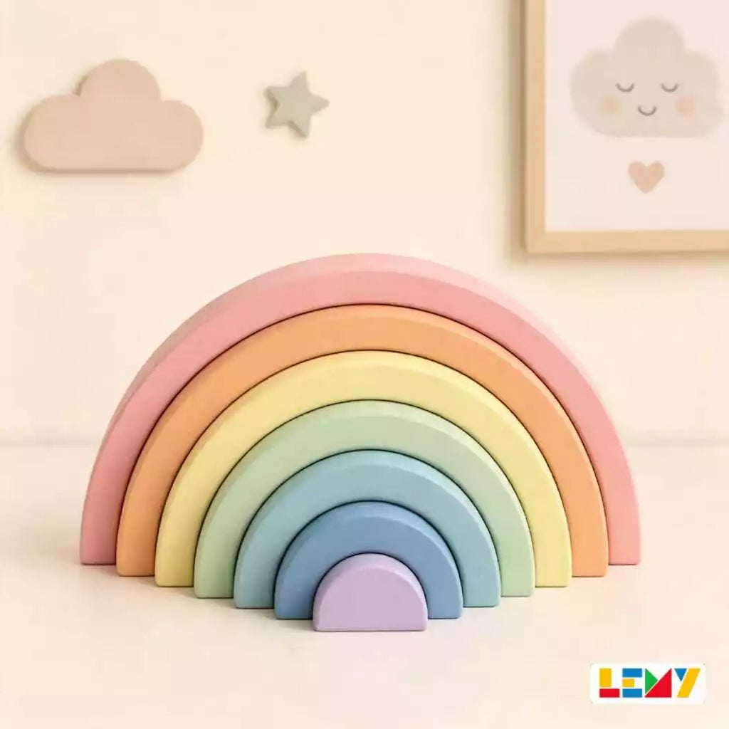 Arco-Íris de Madeira Montessori Empilhável – 7 Peças em Tons Pastel
