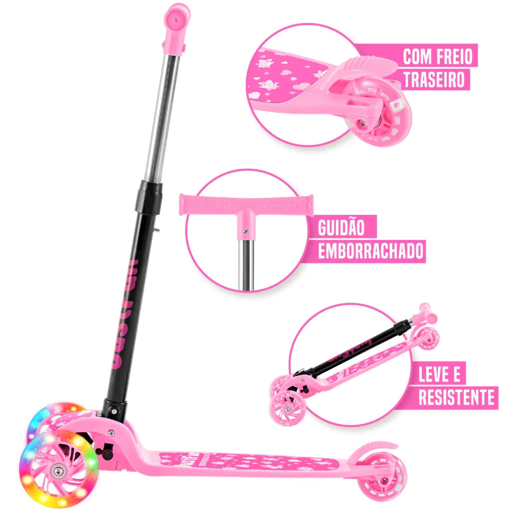 Patinete Infantil 3 Rodas com Luz de LED Dobrável – Rosa ou Azul