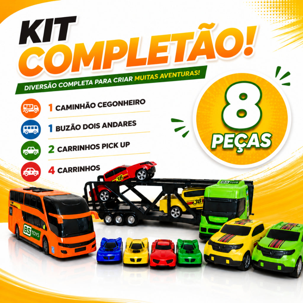 Caminhão Cegonha de Brinquedo com Ônibus e Carrinhos