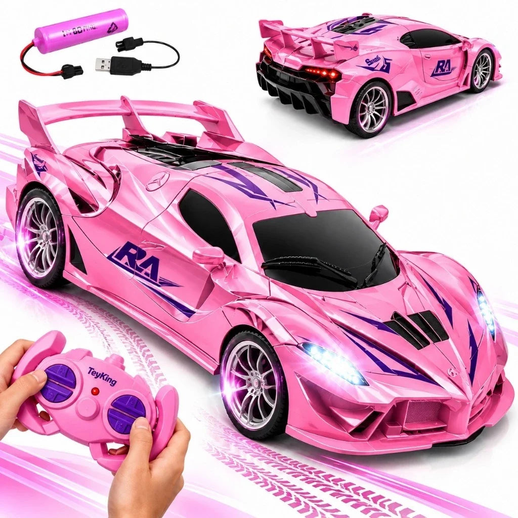 Carrinho de Controle Remoto Rosa Recarregável com Faróis de LED