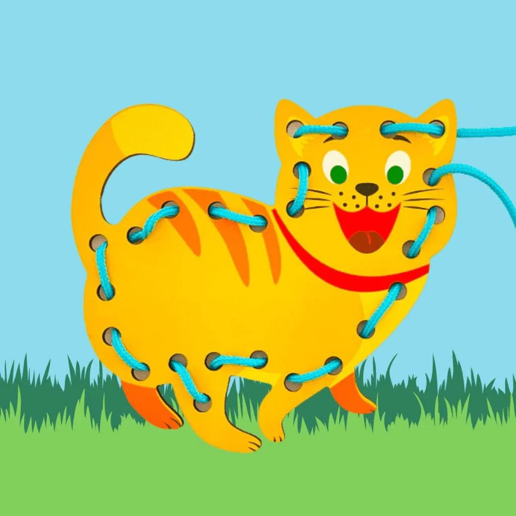 Kit 3 Alinhavos de Madeira Montessori – Cachorro, Gato e Vaca