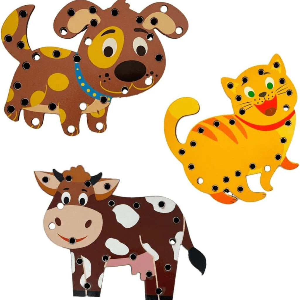 Kit 3 Alinhavos de Madeira Montessori – Cachorro, Gato e Vaca