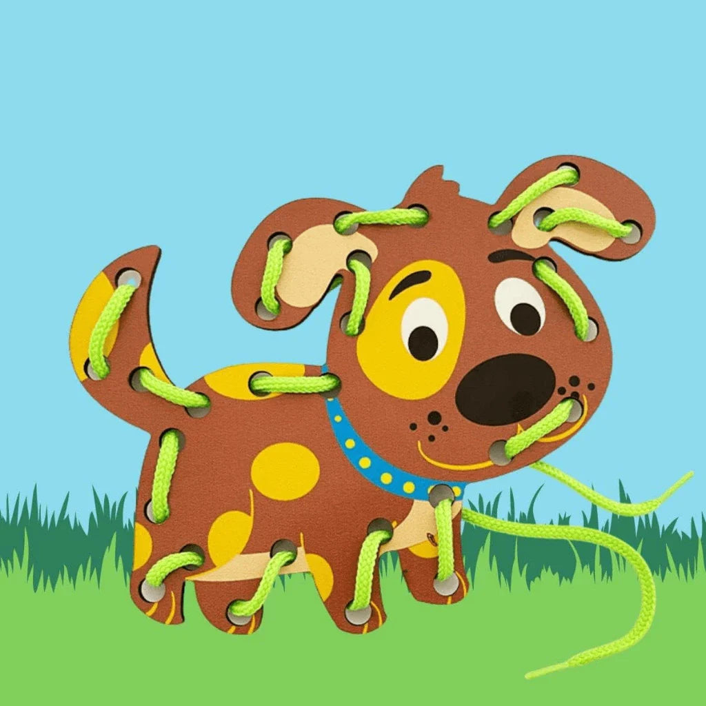 Kit 3 Alinhavos de Madeira Montessori – Cachorro, Gato e Vaca
