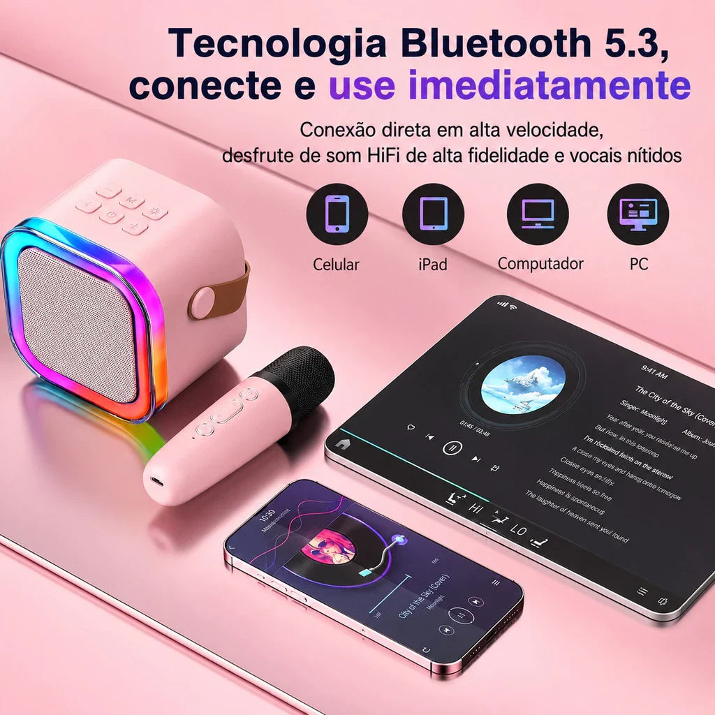 Kit Karaokê Infantil com Caixa de Som Bluetooth e Microfone Sem Fio