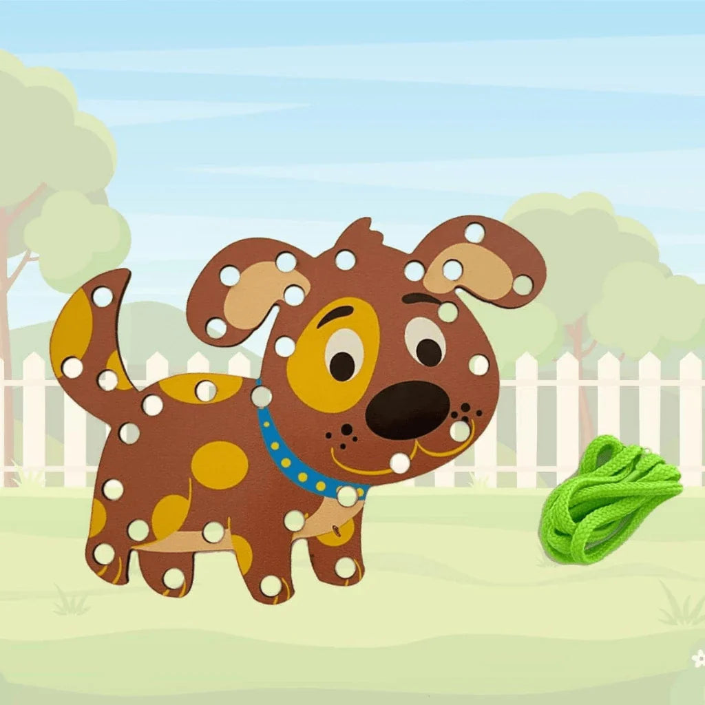 Kit 3 Alinhavos de Madeira Montessori – Cachorro, Gato e Vaca