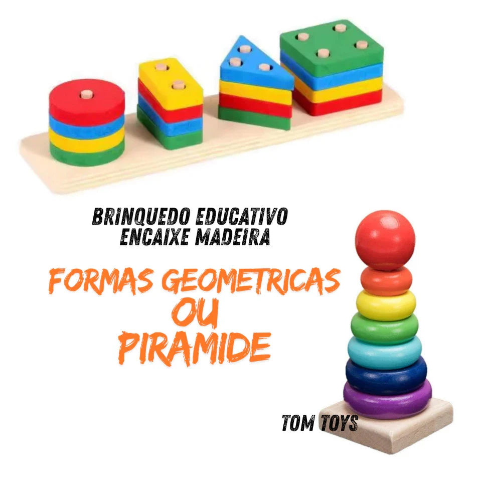 Torre de Argolas e Encaixe Geométrico Montessori de Madeira