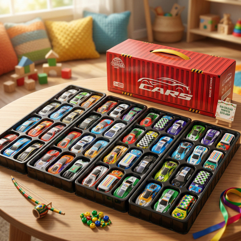 Kit 48 Carrinhos de Metal de Fricção com Maleta Container e Pista
